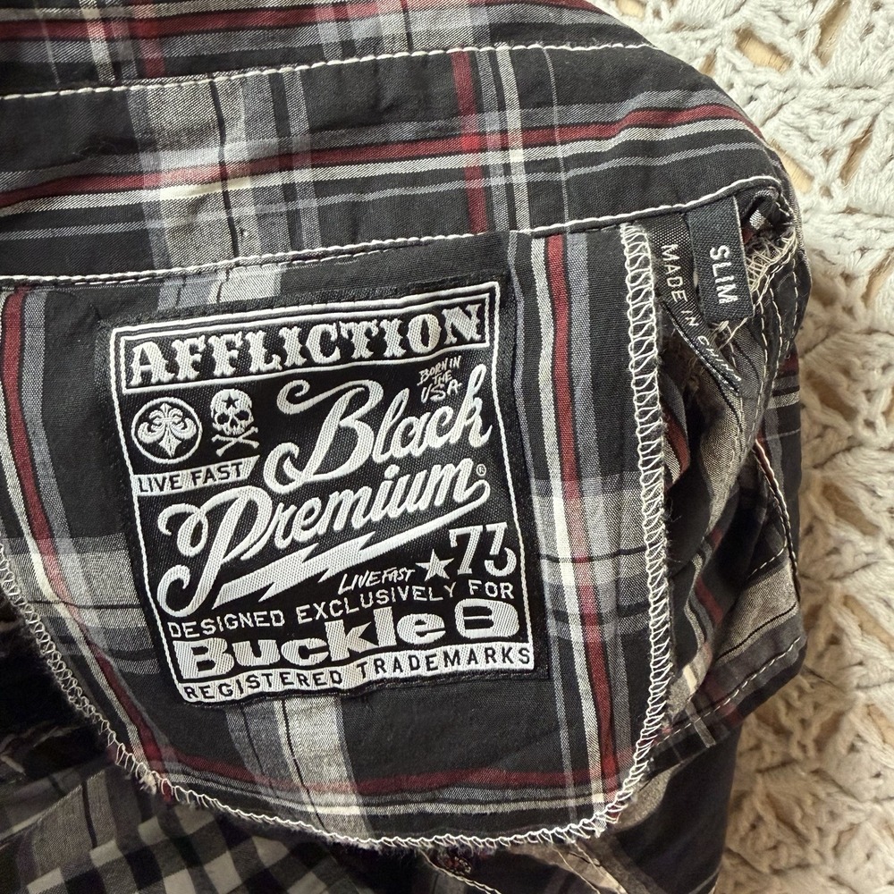 Affliction Black Premium Buckle Slim Shirt Mens Sz M Plaid Button Up Embroidery - Picture 7 of 10